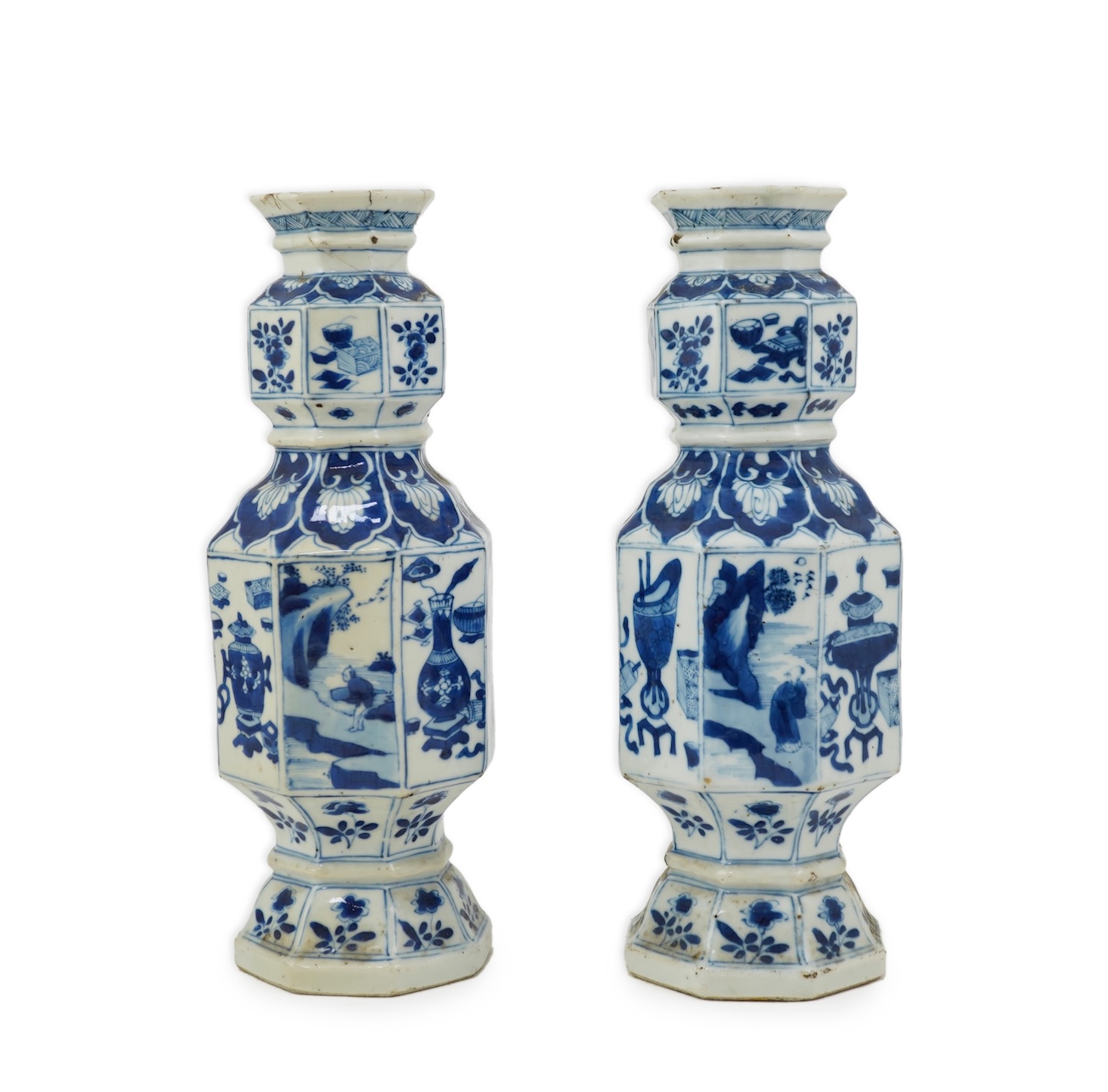 A pair of Chinese blue and white octagonal vases, Kangxi period